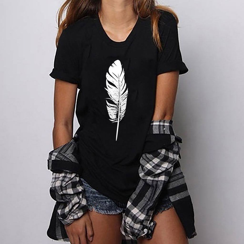 Sweet Casuals - Feather Printed T-shirt O-Neck - Chicilook