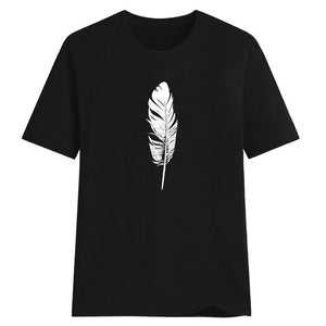 Sweet Casuals - Feather Printed T-shirt O-Neck - Chicilook