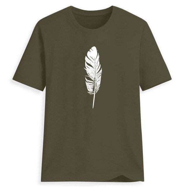 Sweet Casuals - Feather Printed T-shirt O-Neck - Chicilook