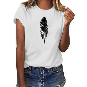 Sweet Casuals - Feather Printed T-shirt O-Neck - Chicilook