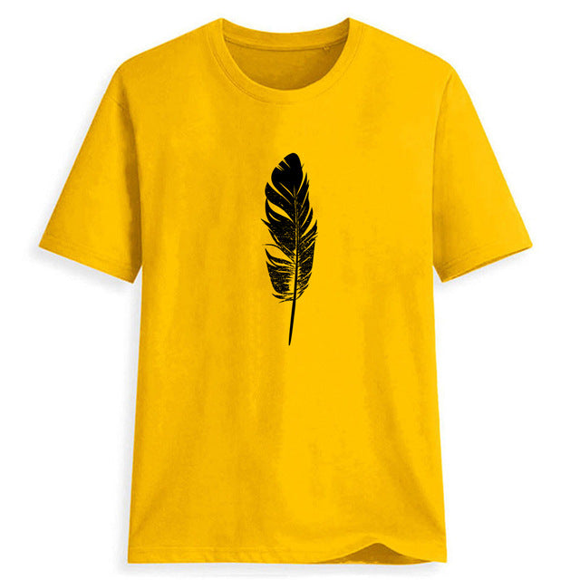 Sweet Casuals - Feather Printed T-shirt O-Neck - Chicilook