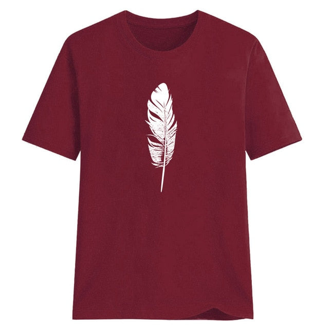 Sweet Casuals - Feather Printed T-shirt O-Neck - Chicilook