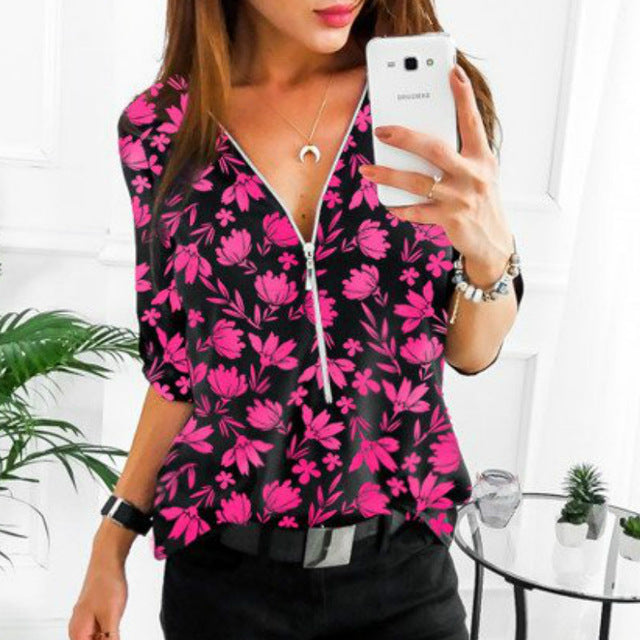 Sweet Casuals - Elegant Long Sleeve Print V-Neck Blouse ( S to 5XL) - Chicilook