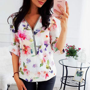 Sweet Casuals - Elegant Long Sleeve Print V-Neck Blouse ( S to 5XL) - Chicilook