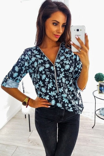 Sweet Casuals - Elegant Long Sleeve Print V-Neck Blouse ( S to 5XL) - Chicilook