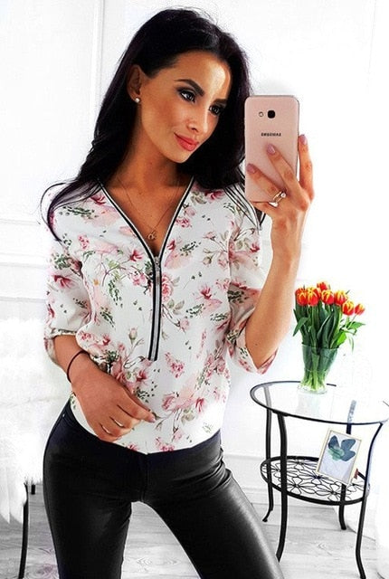 Sweet Casuals - Elegant Long Sleeve Print V-Neck Blouse ( S to 5XL) - Chicilook