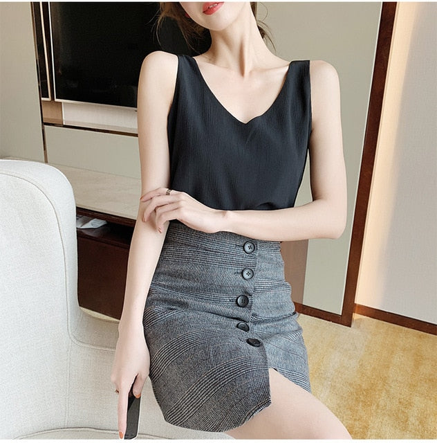 Sweet Casuals - Women Top Chiffon Sleeveless V-Neck Plus Size Korean Fashion Clothing - Chicilook