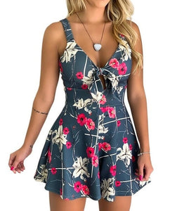 Funky Girl - Summer Print Jumpsuit Short Sleeve V-neck Beach Rompers - Chicilook