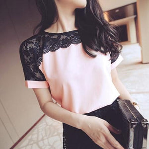 Sweet Casuals - Chiffon Women Lace Blouse Short Sleeve - Chicilook