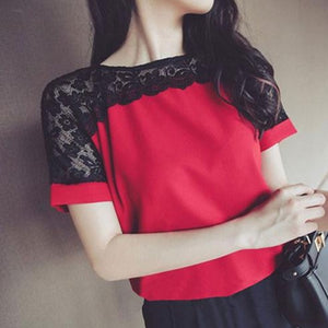 Sweet Casuals - Chiffon Women Lace Blouse Short Sleeve - Chicilook