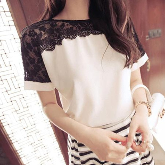 Sweet Casuals - Chiffon Women Lace Blouse Short Sleeve - Chicilook