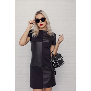 Funky Girl - Leather Patchwork Elegant Office Dress Long Sleeve - Chicilook