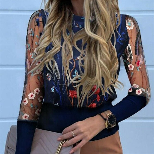 Embroidery Floral Sheer Mesh Sleeve Blouse shirts - Spring patchwork Elegant tops - Chicilook