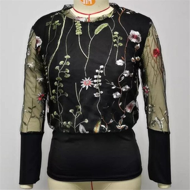 Embroidery Floral Sheer Mesh Sleeve Blouse shirts - Spring patchwork Elegant tops - Chicilook