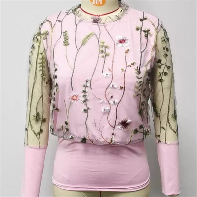 Embroidery Floral Sheer Mesh Sleeve Blouse shirts - Spring patchwork Elegant tops - Chicilook