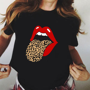 Sweet Casuals - Red Mouth Lip Kiss Printed Women Black T-shirt Funny Leopard Graphic - Chicilook