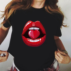 Sweet Casuals - Red Mouth Lip Kiss Printed Women Black T-shirt Funny Leopard Graphic - Chicilook