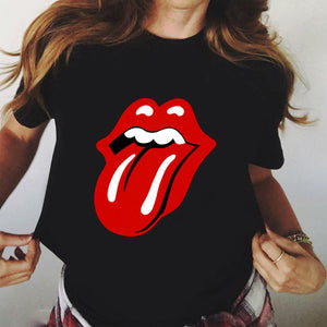 Sweet Casuals - Red Mouth Lip Kiss Printed Women Black T-shirt Funny Leopard Graphic - Chicilook