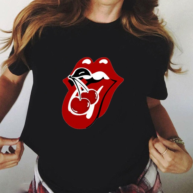 Sweet Casuals - Red Mouth Lip Kiss Printed Women Black T-shirt Funny Leopard Graphic - Chicilook