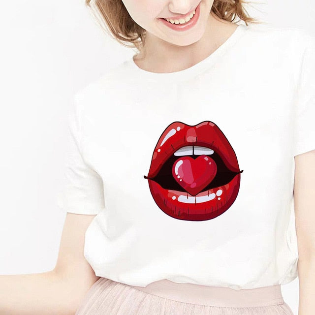 Sweet Casuals - Red Mouth Lip Kiss Printed Women Black T-shirt Funny Leopard Graphic - Chicilook