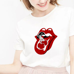 Sweet Casuals - Red Mouth Lip Kiss Printed Women Black T-shirt Funny Leopard Graphic - Chicilook