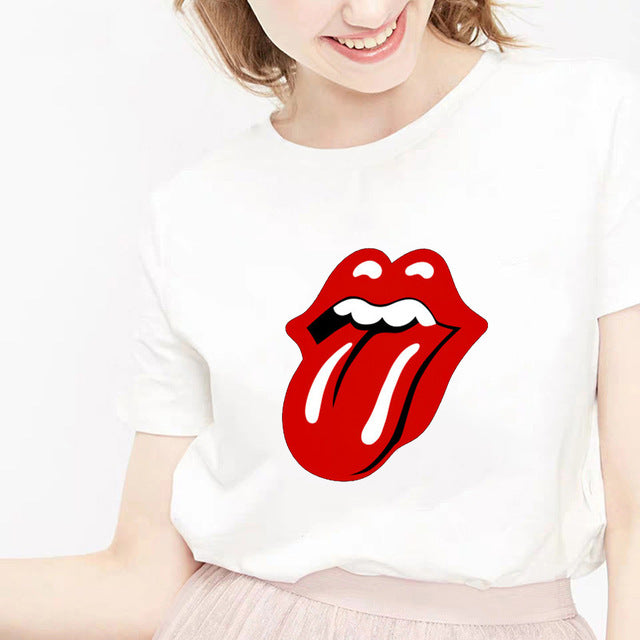 Sweet Casuals - Red Mouth Lip Kiss Printed Women Black T-shirt Funny Leopard Graphic - Chicilook