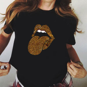 Sweet Casuals - Red Mouth Lip Kiss Printed Women Black T-shirt Funny Leopard Graphic - Chicilook