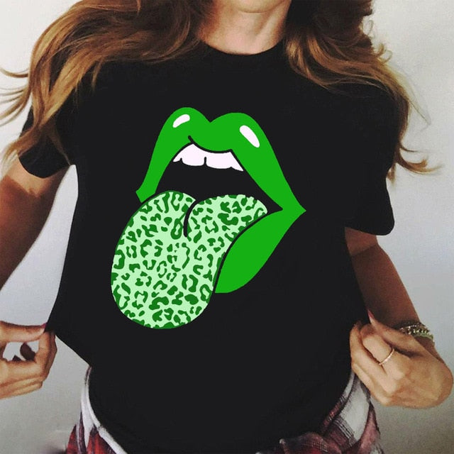 Sweet Casuals - Red Mouth Lip Kiss Printed Women Black T-shirt Funny Leopard Graphic - Chicilook