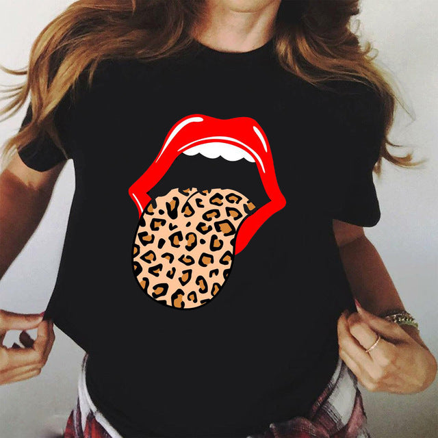 Sweet Casuals - Red Mouth Lip Kiss Printed Women Black T-shirt Funny Leopard Graphic - Chicilook