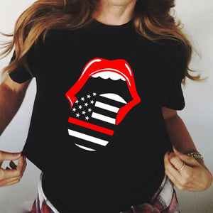 Sweet Casuals - Red Mouth Lip Kiss Printed Women Black T-shirt Funny Leopard Graphic - Chicilook