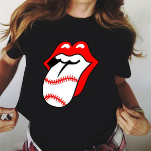 Sweet Casuals - Red Mouth Lip Kiss Printed Women Black T-shirt Funny Leopard Graphic - Chicilook