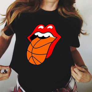 Sweet Casuals - Red Mouth Lip Kiss Printed Women Black T-shirt Funny Leopard Graphic - Chicilook