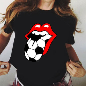 Sweet Casuals - Red Mouth Lip Kiss Printed Women Black T-shirt Funny Leopard Graphic - Chicilook