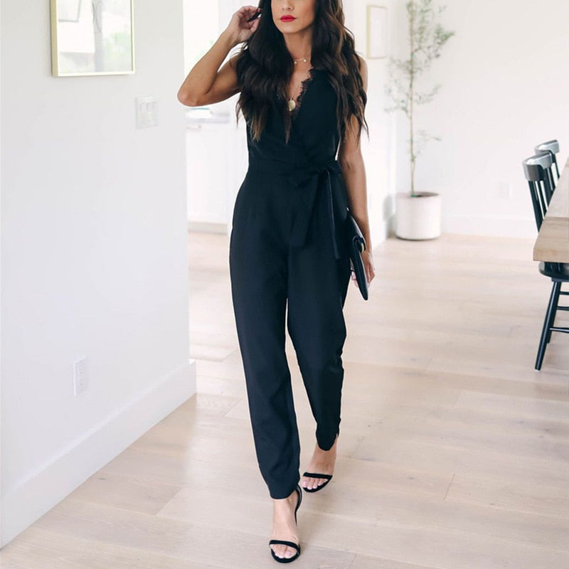 Casual Jumpsuit With Belt Sleeveless V-neck Solid Women Black - Chicilook