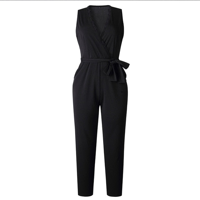 Casual Jumpsuit With Belt Sleeveless V-neck Solid Women Black - Chicilook