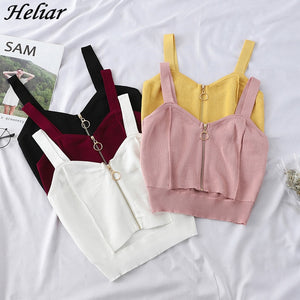 HELIAR Crop Top Sexy Zipper Knitting Camisole With Hole Sleeveless Solid Strap Top - Chicilook