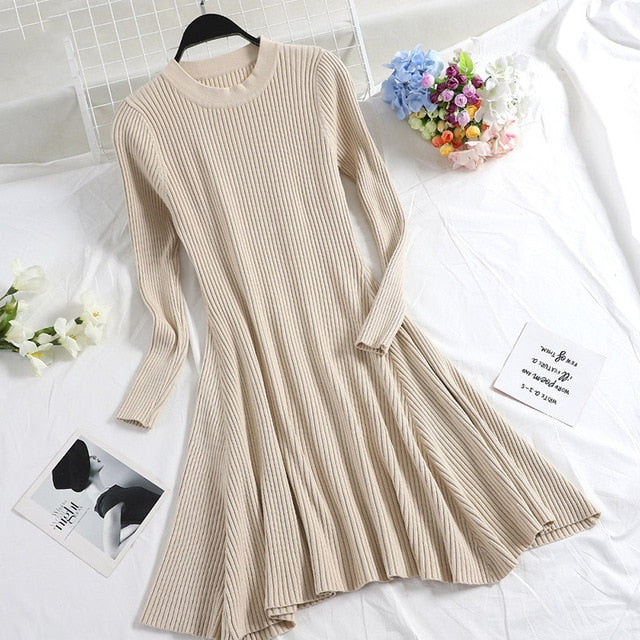 Long Sleeve Sweater Dress Women's Irregular Hem Casual Autumn Winter Dress O-neck - Chicilook