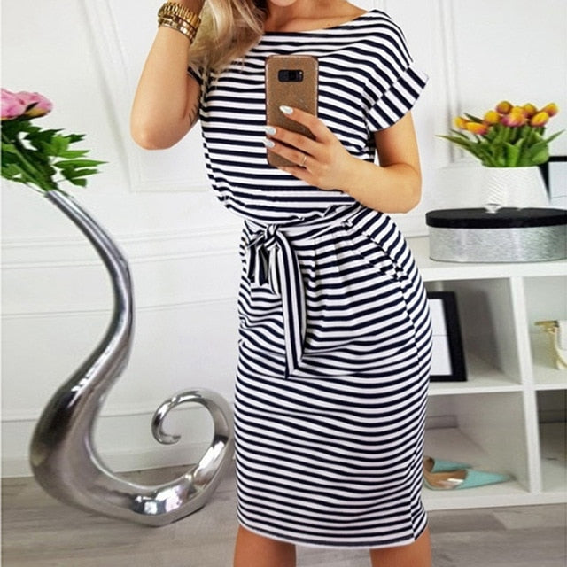 Hot style summer and cultivate one's morality show thin round collar stripe waist belt dress - Chicilook