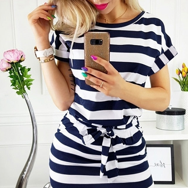 Hot style summer and cultivate one's morality show thin round collar stripe waist belt dress - Chicilook