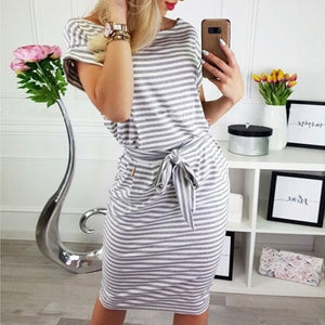 Hot style summer and cultivate one's morality show thin round collar stripe waist belt dress - Chicilook