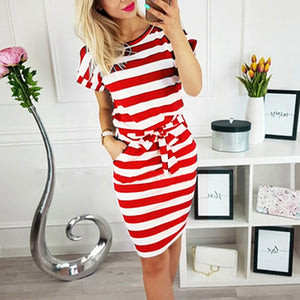 Hot style summer and cultivate one's morality show thin round collar stripe waist belt dress - Chicilook