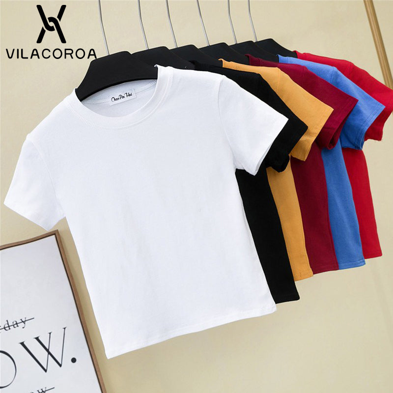 Crop Top T-Shirt Solid Cotton O-Neck Short Sleeve High Waist T-Shirt - Chicilook