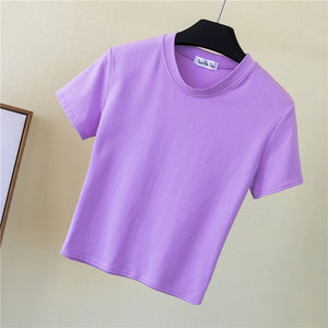 Crop Top T-Shirt Solid Cotton O-Neck Short Sleeve High Waist T-Shirt - Chicilook