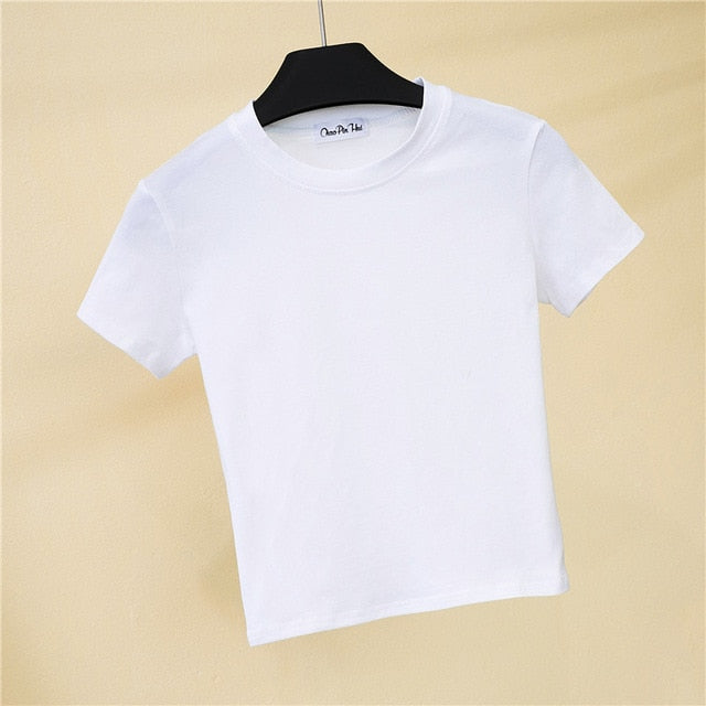 Crop Top T-Shirt Solid Cotton O-Neck Short Sleeve High Waist T-Shirt - Chicilook