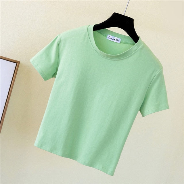 Crop Top T-Shirt Solid Cotton O-Neck Short Sleeve High Waist T-Shirt - Chicilook