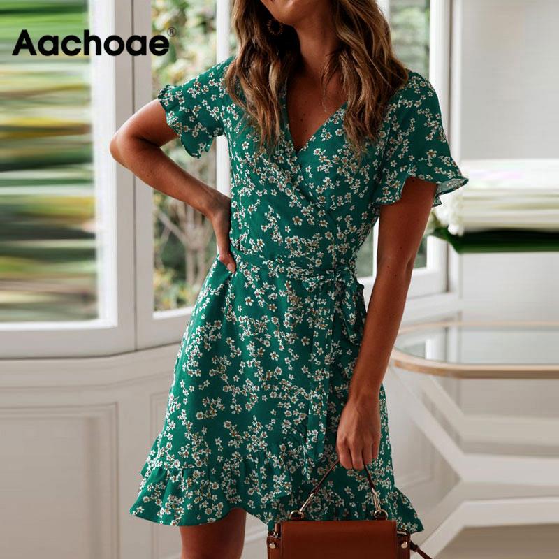 Sexy V Neck Floral Print Boho Ruffle Short Sleeve A Line Mini Dress Wrap Sundress Robe - Chicilook