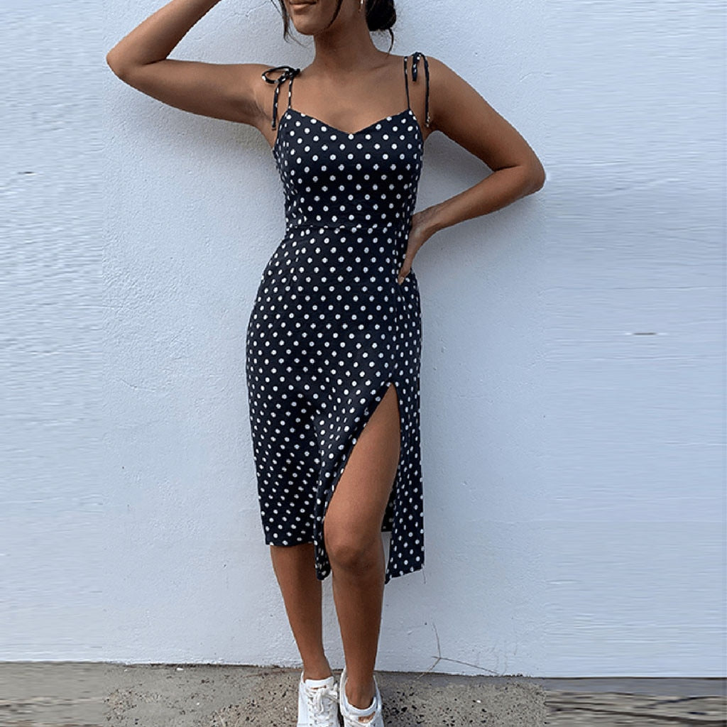 Sundress Summer Women Causal Polka Dot Sleeveless High Pleated elastic waist V-Neck Dress - Chicilook