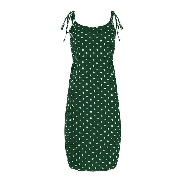 Sundress Summer Women Causal Polka Dot Sleeveless High Pleated elastic waist V-Neck Dress - Chicilook